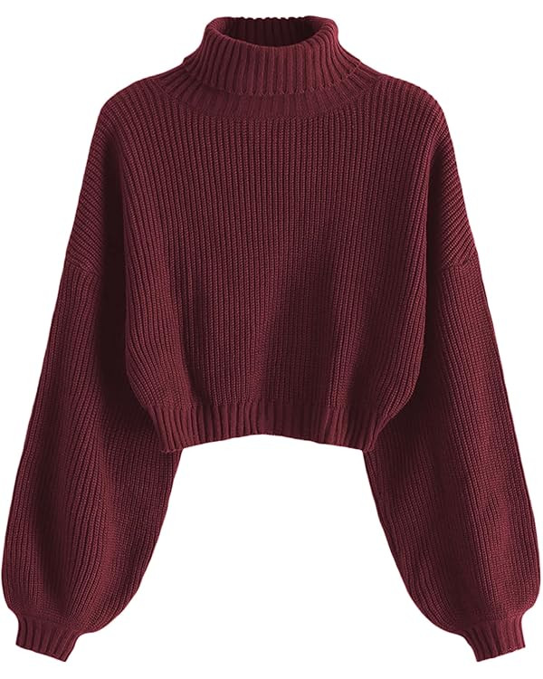 ZAFUL Women's Cropped Turtleneck Sweater Lantern Sleeve Ribbed Knit Pullover Sweater Jumper | Amazon (US)