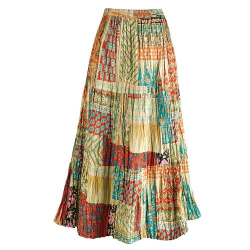 CATALOG CLASSICS Womens Reversible Boho Maxi Skirt - Patchwork Floral Long Skirt, 36" L - Gold/Green - 2X | Amazon (US)