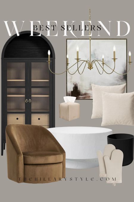Weekend Best Sellers Home: Furniture & Decor from Walmart target Amazon. Brown velvet accent chair, white round table, black arc cabinet, gold chandelier, modern wall art, velvet pillows, black planter, beige oven mitts.

#LTKhome #LTKstyletip #LTKSeasonal