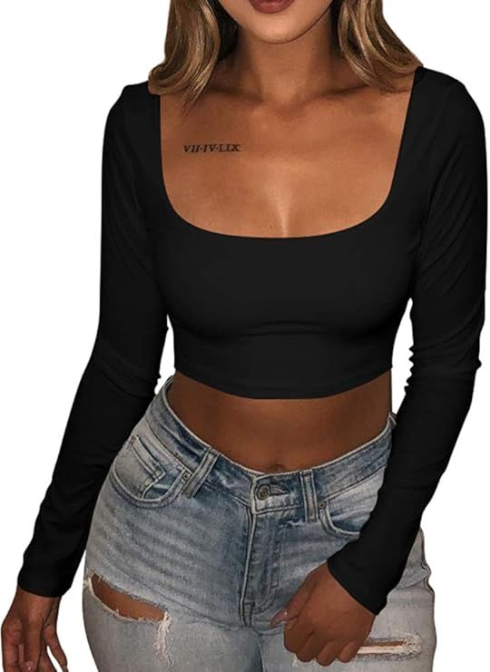 XXTAXN Women's Sexy Bodycon Fitted Square Neck Long Sleeve Basic T-Shirt Crop Top | Amazon (US)