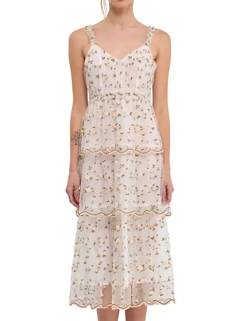 Floral Embroidery Scalloped Hem Tiered Dress | Saks Fifth Avenue