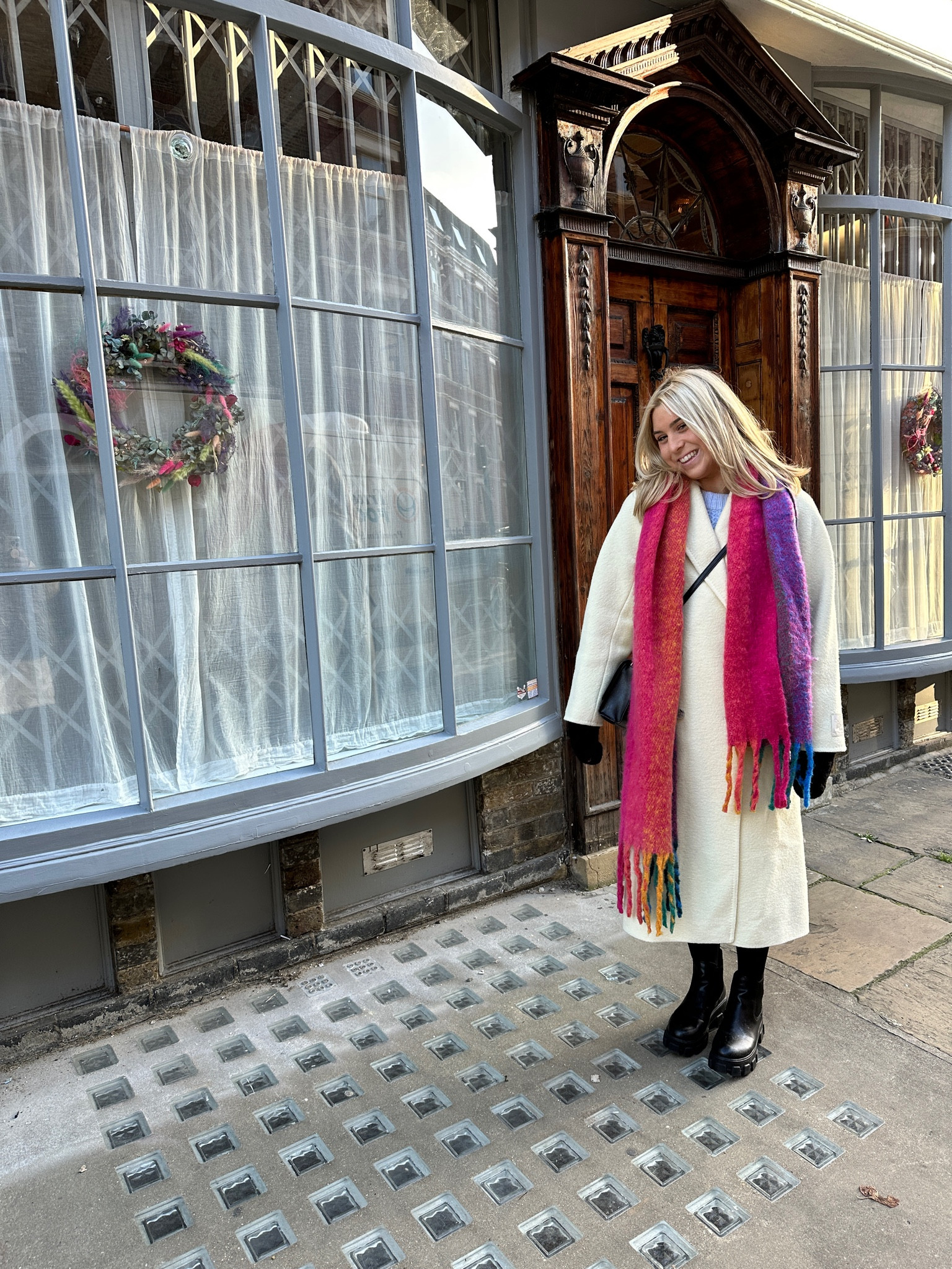 aritzia, wool coat, white coat, colorful scarf, booties, winter style, warm outfit, city outfit, london / city cold ootd  

 #LTKootd