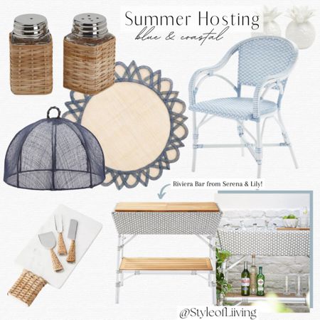 Summer hosting and entertaining! Salt and pepper shakers, pretty placemats, food net covers to keep the bugs away, marble cheese boards, riviera style bar, bistro armchair in blue. Summer parties! #entertaining #host #hosting

#LTKSeasonal #LTKHome #LTKParties