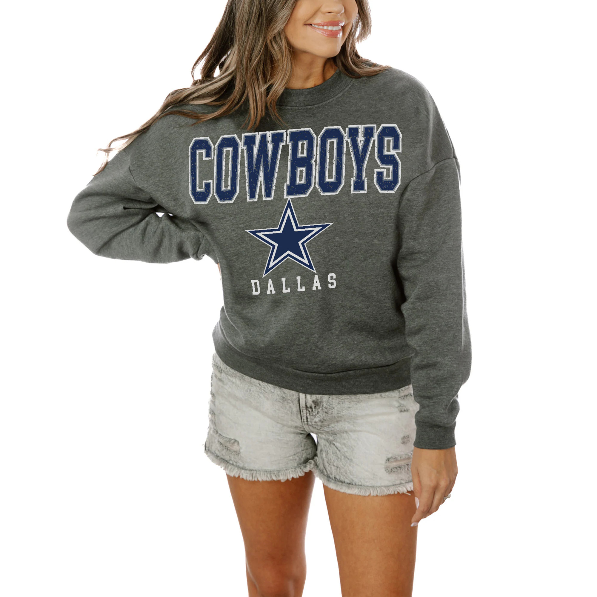 Women's Dallas Cowboys Gameday Couture Charcoal Oversized Bring The Energy Pullover Sweatshirt | NFL Shop