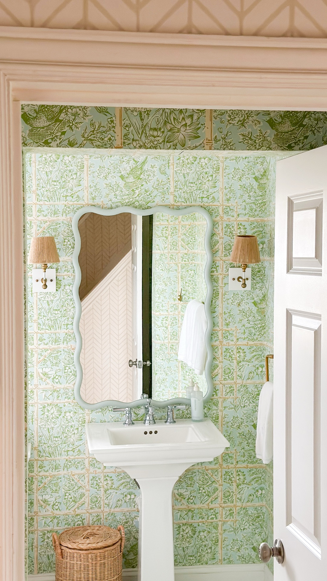 Gave out bath a little refresh with new feen prints and this pale blue wavy mirror  from Urban Garden Prints! 

#LTKHome