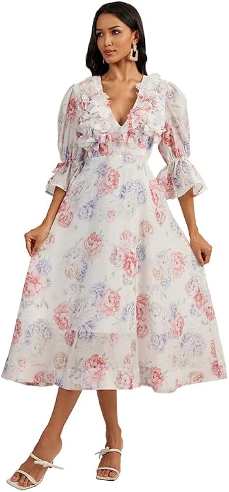 Women's Floral Print Midi Dress, V-Neck with 3D Flower Applique, Puff Sleeves, White Elegant A-Li... | Amazon (US)