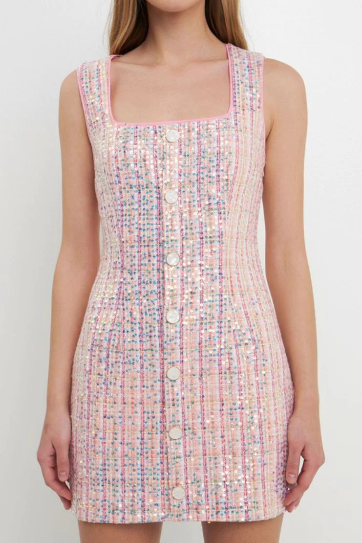 Libby Pink Sequin Tweed Shift Dress | Pippa & Pearl