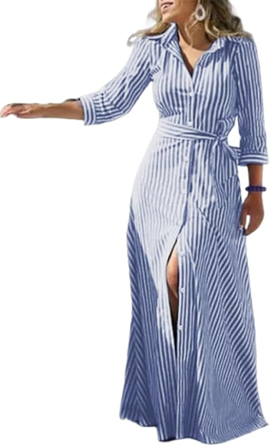 utcoco Women's 2025 Spring Summer Casual Striped Maxi Dress Button Down Shirt Dress with Belt | Amazon (US)
