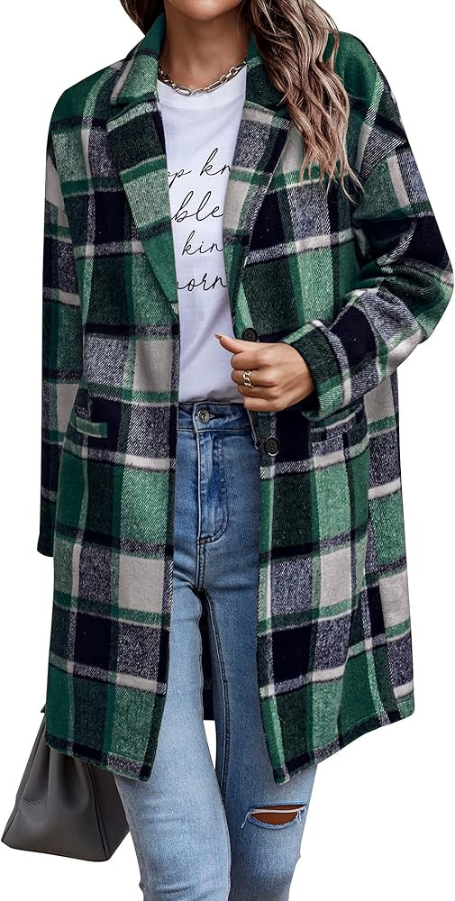 PRETTYGARDEN Women Plaid Shacket Jacket Trendy Fall Casual Button Wool Blend Tartan Trench Coat W... | Amazon (US)
