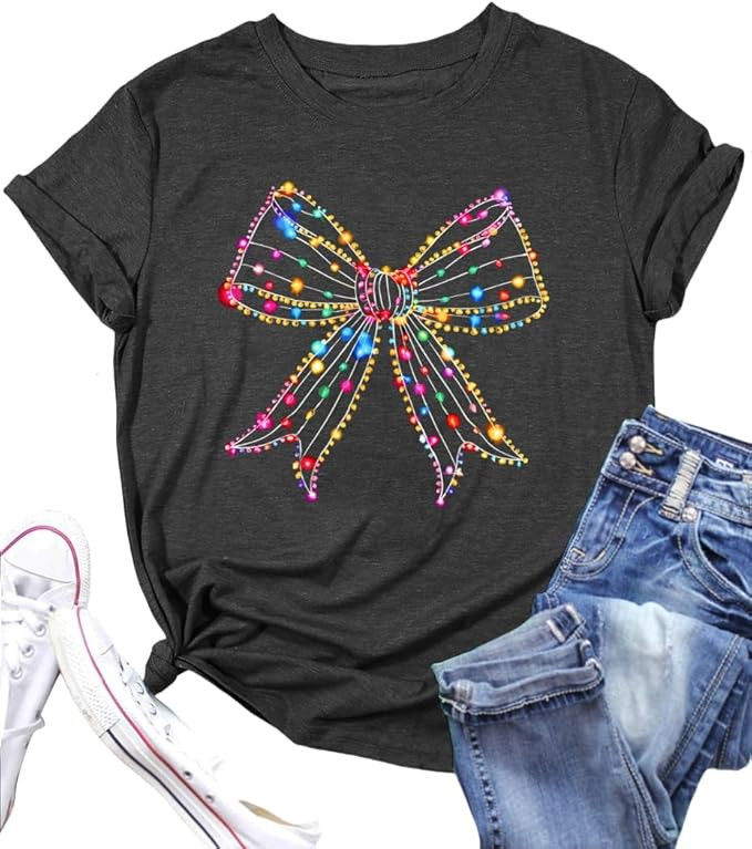 Christmas Shirts for Women Bow Christmas Tee Coquette Bow Shirt Xmas Lights Tshirt Holiday Vacati... | Amazon (US)