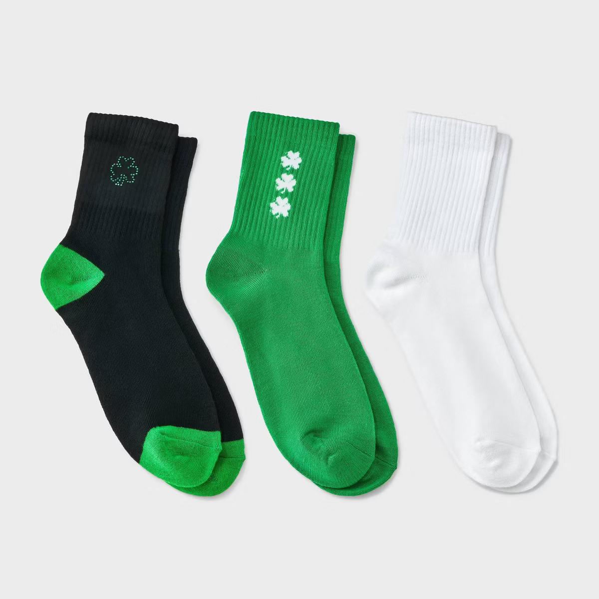 Women's Sparkly Shamrock Ribbed St. Patrick's Day 3pk Mid Crew Socks - Black/White/Green 4-10 | Target