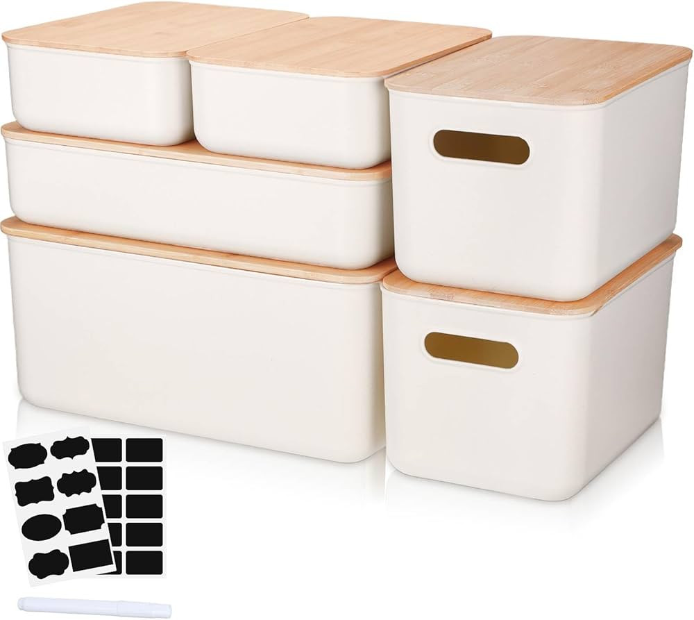 Suzile 6 packs Plastic Storage Bins with Bamboo Lids Stackable Storage Containers for Organizing,... | Amazon (US)