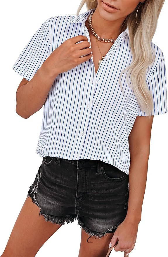 siliteelon Womens Cotton Button Down Shirts Short Sleeve Striped Fitted Dress Shirt Collared Blou... | Amazon (US)