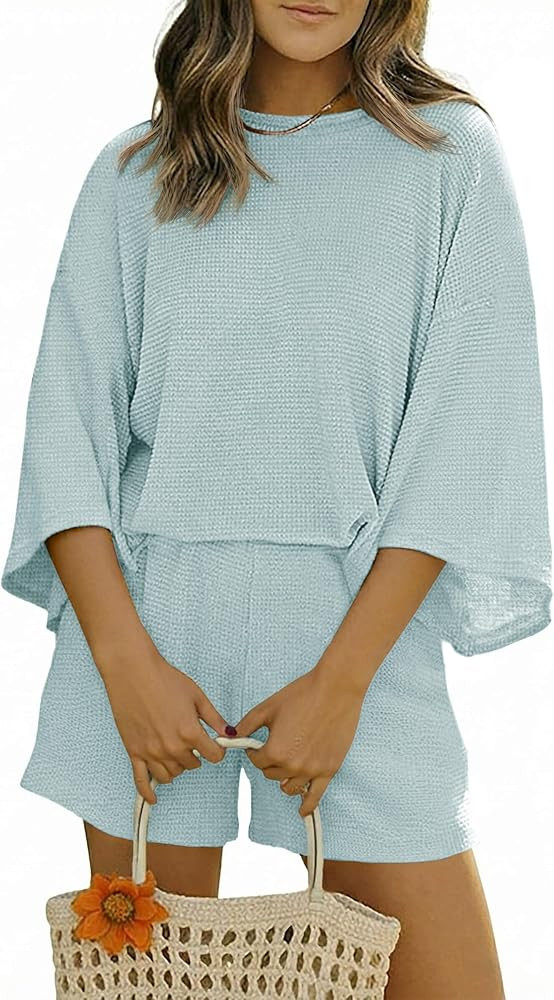 Tankaneo Womens Short Sets 2 Piece Outfits 3/4 Sleeve Tops and Elastic Waist Shorts Lounge Set Ca... | Amazon (US)