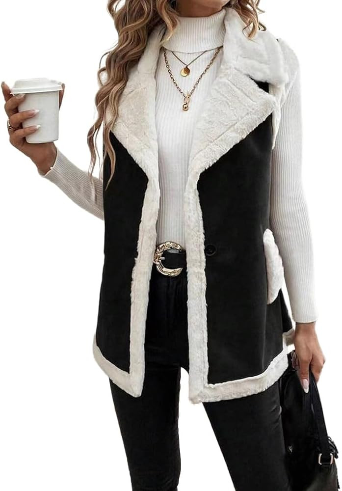 Mywinway Sherpa Vest Womens Fall Winter Faux Fur Suede Leather Vest Jacket Sleeveless Lambswool F... | Amazon (US)