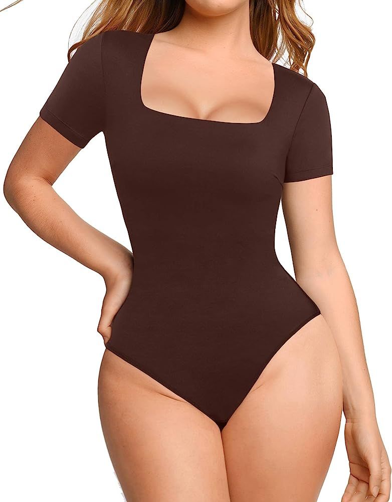 Popilush Square Neck Bodysuit for Women Long Sleeve Thong Shapewear Built In Bra Basic Jumpsuit Clot | Amazon (US)