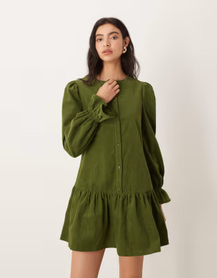 Glamorous long sleeve corduroy smock mini dress in olive green | ASOS (Global)
