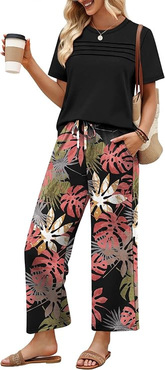 WIHOLL Two Piece Sets for Women Summer Spring Outfits Travel Airport Beach Vacation Clothes Wide ... | Amazon (US)