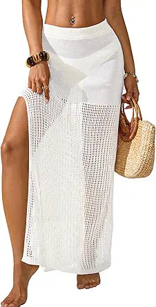 Womens Crochet Knit Elastic Waist Beach Dress 2026 Summer Outfits Side Slit Bathing Suit Cover Up... | Amazon (US)
