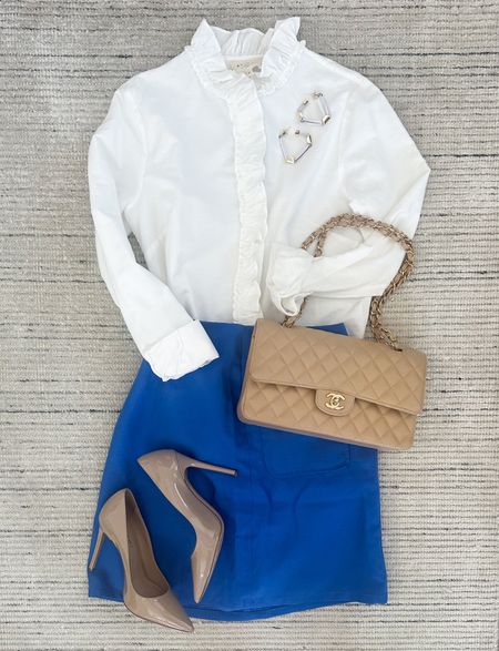 Business casual workwear with blue skirt paired with white ruffled button up and pumps for a classic look. Would be perfect with the matching blazer, too for a business professional look! 

#LTKstyletip #LTKworkwear