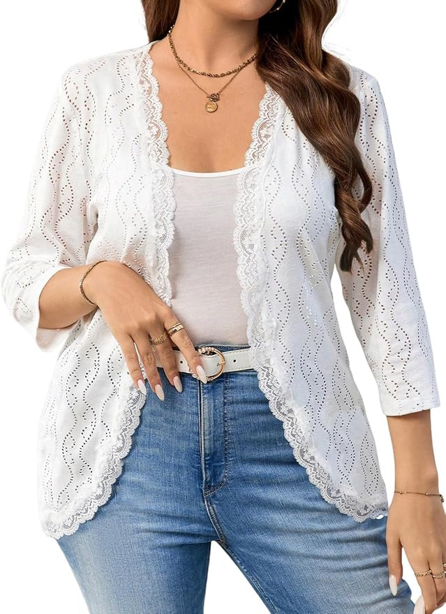 Eytino Plus Size Cardigan for Women Summer Casual Loose Half Sleeve Knit Jacquard Fashion Lace Op... | Amazon (US)