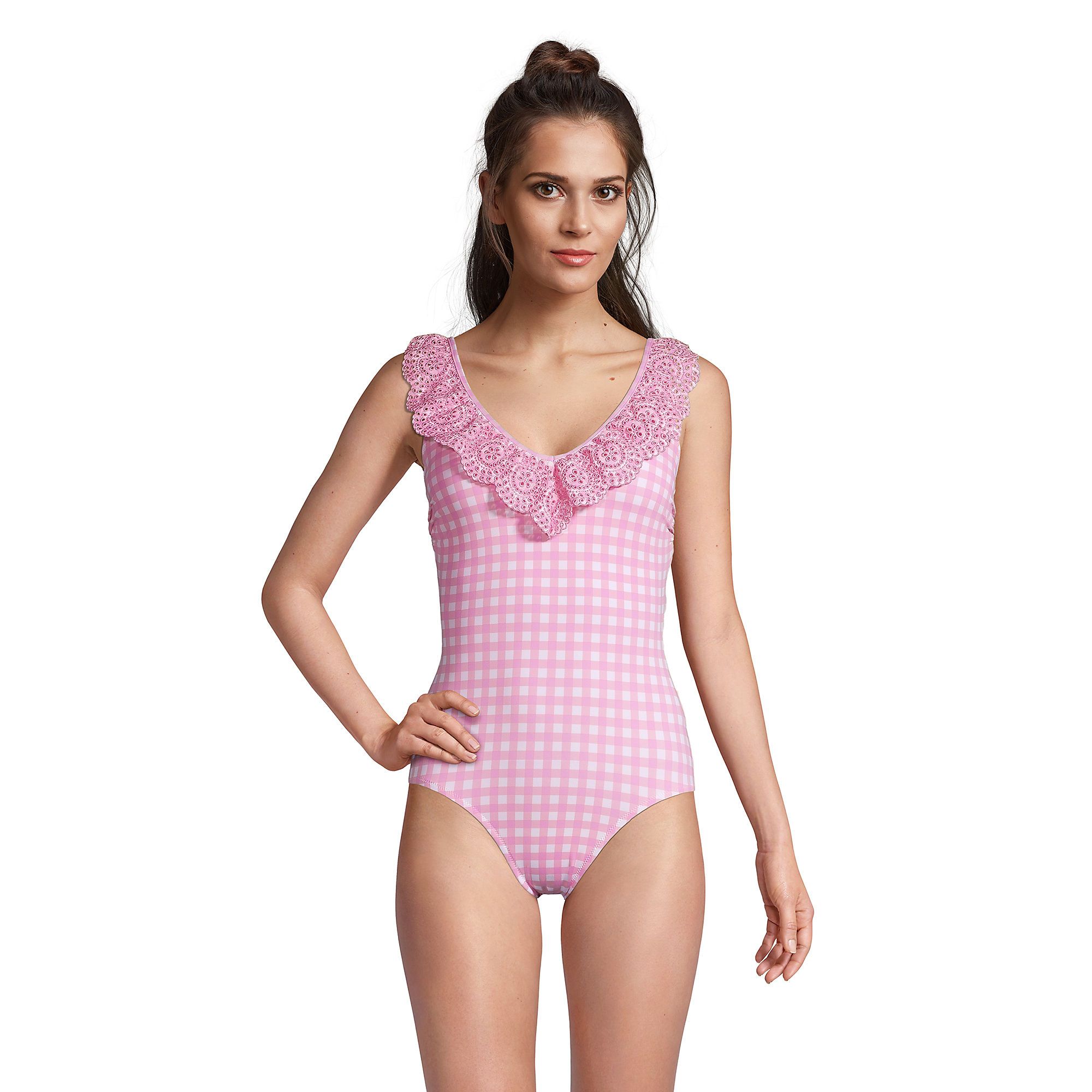 Draper James x Lands' End Women's Chlorine Resistant Ruffle V-neck One Piece Swimsuit | Lands' End (US)