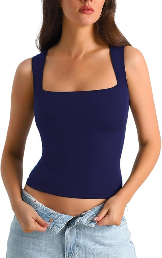 HOYAYO Women's Slim Fit Double-Layer Tank Top Square Neck Sleeveless Basic Fitted Tee Shirt | Amazon (US)