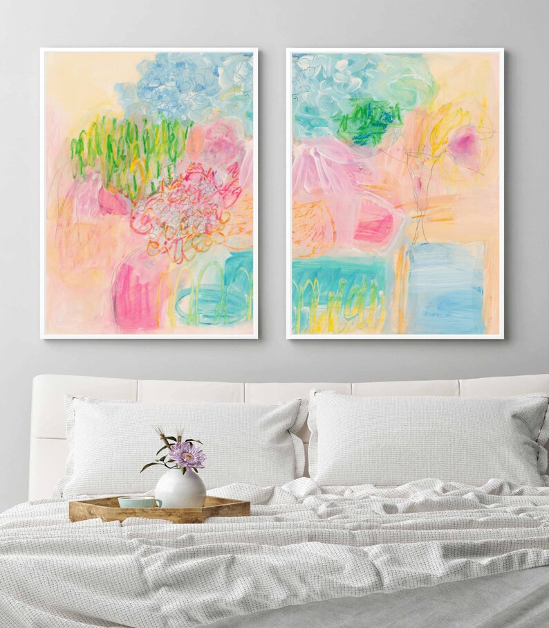 Horizontal Pastel Abstract Art Set of 2 Prints Pink and Orange Abstract Floral Wall Art Colorful ... | Etsy (US)