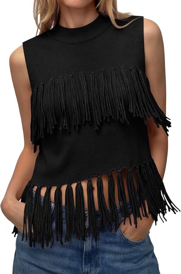Tankaneo Womens Fringe Knit Tank Tops Summer Trendy Casual High Neck Sleeveless Shirts Boho Loose... | Amazon (US)