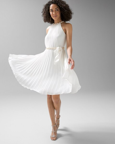 Sleeveless Pleated Halter Dress with Chain Detail | White House Black Market