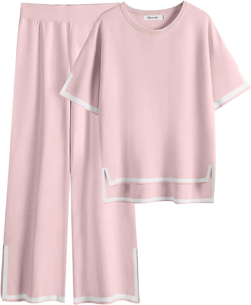 Caracilia Women 2 Piece Outfits Lounge Sets Knit Sweater Sets Maching Lounge Wear Pajama Jogger T... | Amazon (US)