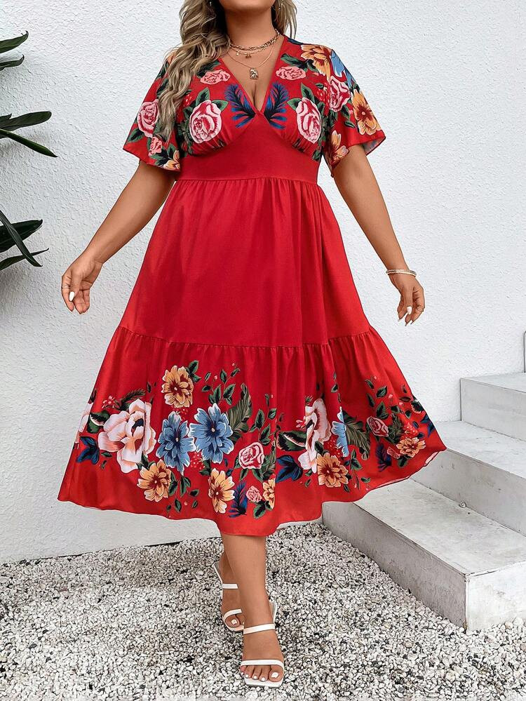 Plus Floral Print Butterfly Sleeve Ruffle Hem Dress
       
              
              $18.99  ... | SHEIN