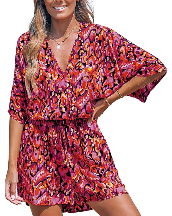 Women's Summer Romper Lace Up Printed Half Sleeves Casual Wide leg Vacation Outfit Mini One Piece... | Amazon (US)