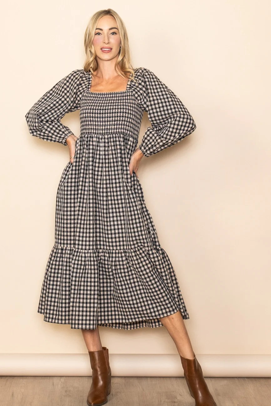 Black Gingham Long Sleeve Midi Dress | PinkBlush Maternity