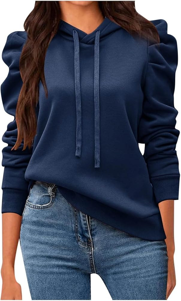 Women's Casual Puff Long Sleeve Hoodie Lightweight Pullover Tops Solid Loose Sweatshirt Fall Outf... | Amazon (US)