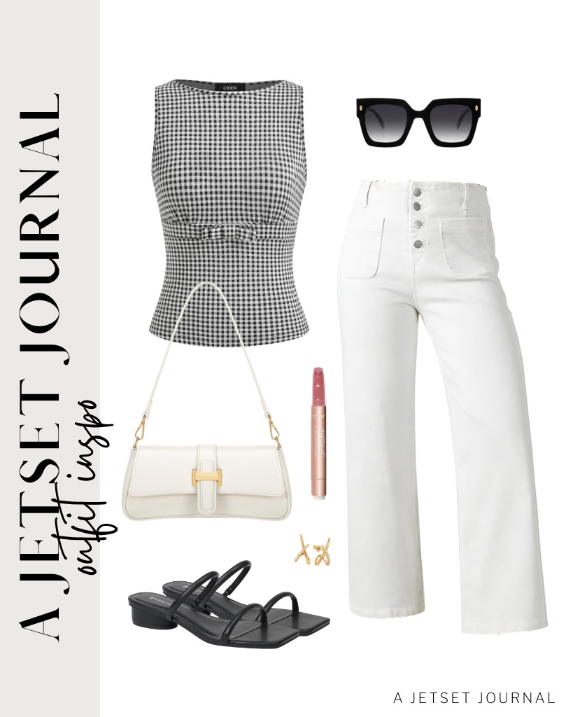 For the next look, start with a checkered gingham top and white Sidefeel jeans. Modatope heeled sandals are perfect for this combo! You can add this trendy shoulder bag and SOJOS sunglasses to finish this look. It is an effortless outfit to look polished during busy days.

#LTKSeasonal #LTKSaleAlert #LTKTravel
 

 