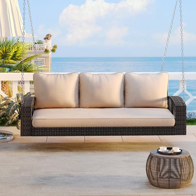 69-Inch PE Wicker 3-Person Porch Swing with Chains and Cushions for Garden and Poolside | Target