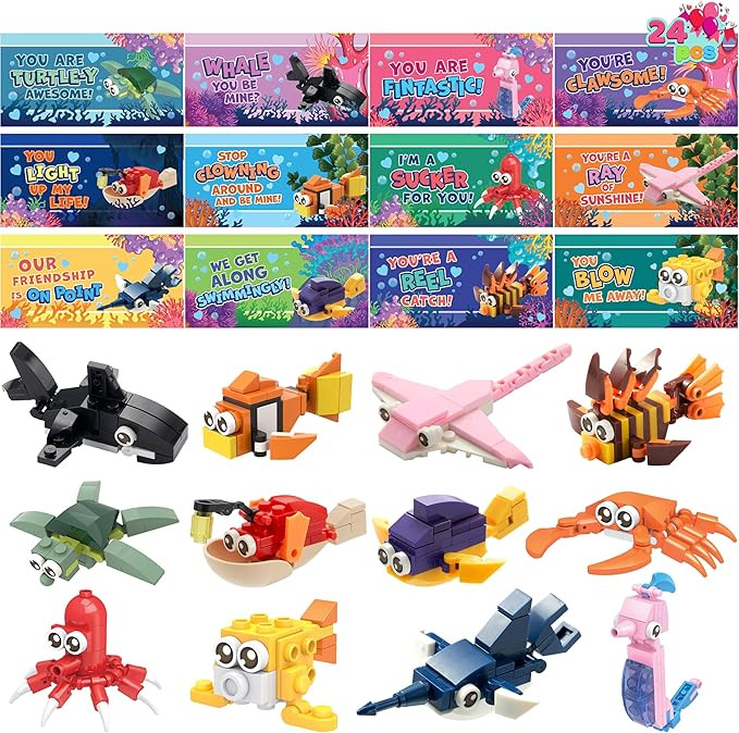 JOYIN 24 Packs Valentines Day Cards with Ocean Animal Building Block for Party Gifts, Kids Classr... | Amazon (US)