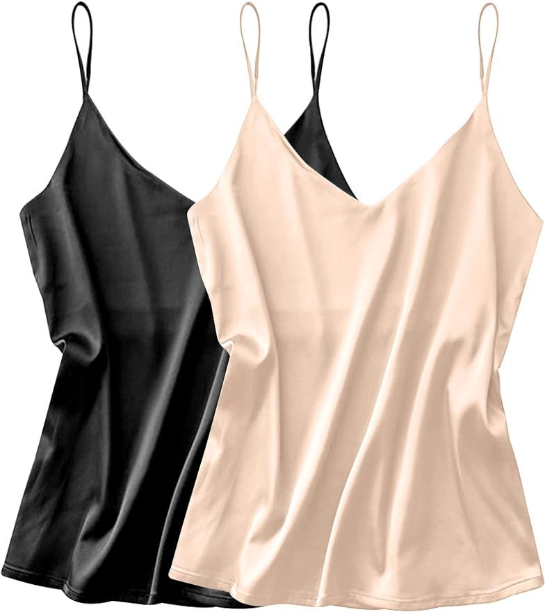 Ekouaer Womens Satin Tank Tops Silky Camisole V Neck Spaghetti Strap Blouses Sleeveless Cami Shir... | Amazon (US)