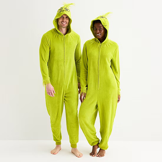 new!Unisex Adult Dr. Seuss Grinch Fleece Hooded Long Sleeve Matching Family One Piece Pajama | JCPenney