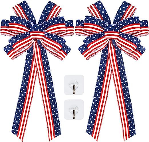 2 Pack Large Patriotic Wreath Bow, 4th of July Decorations Red Blue White Burlap 4th of July Wrea... | Amazon (US)