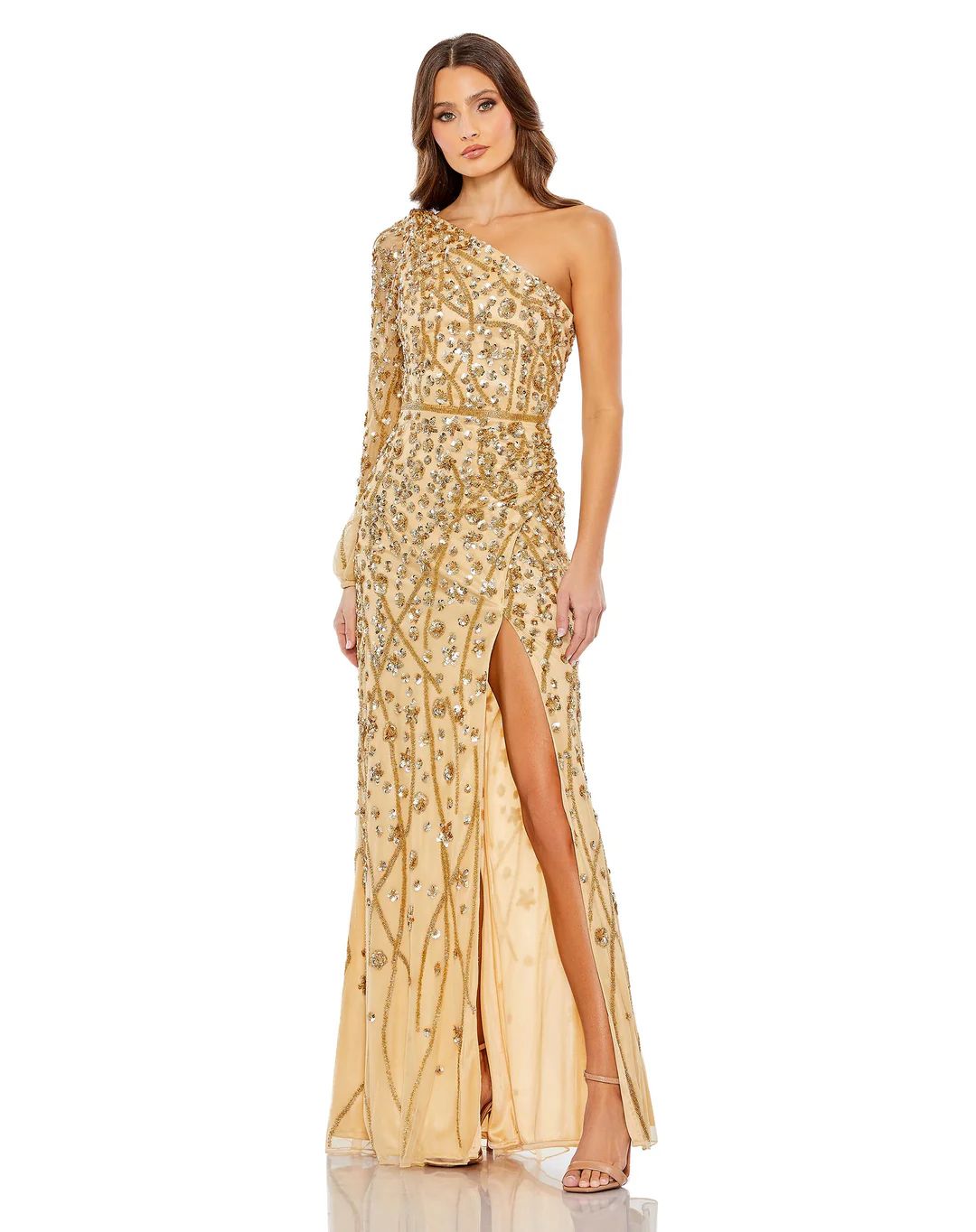 Embellished One Sleeve Faux Wrap Gown | Mac Duggal