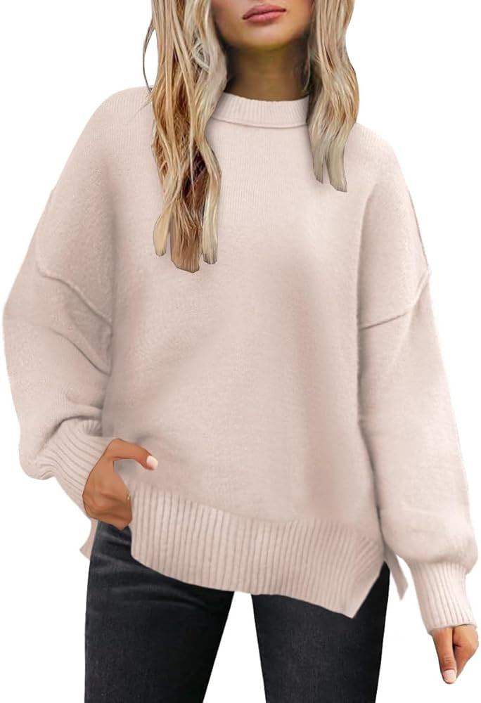 Lylinan Cozy Oversized Sweater for Women Side Slit Knit Pullover Crewneck Top for Fall Winter Out... | Amazon (US)