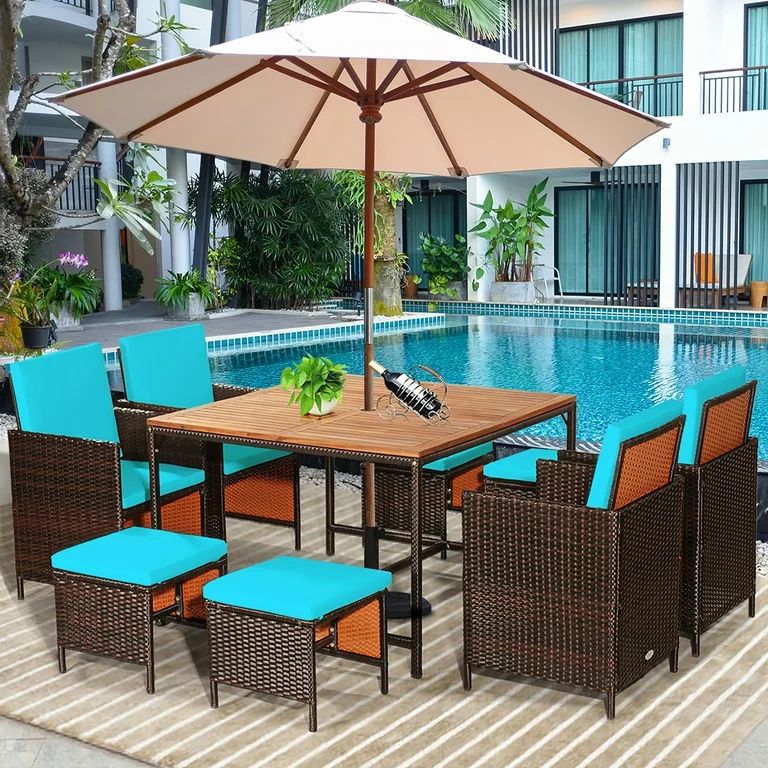 Costway 9PCS Patio Rattan Dining Set Cushioned Chairs Ottoman Wood Table Top Turquoise | Walmart (US)