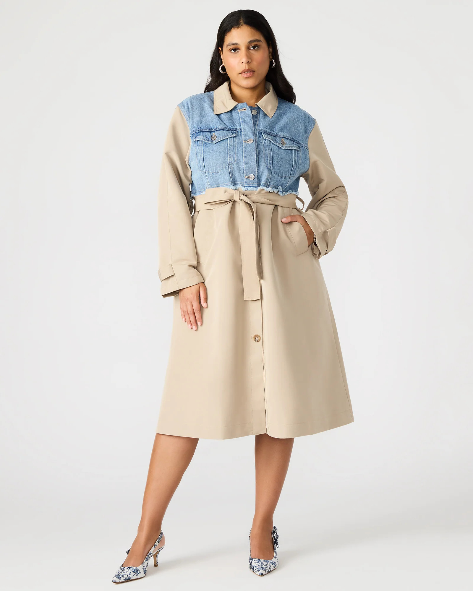 SORAYA Coat Denim Multi | Women's Long-Sleeved Button-Up Coat | Steve Madden (US)