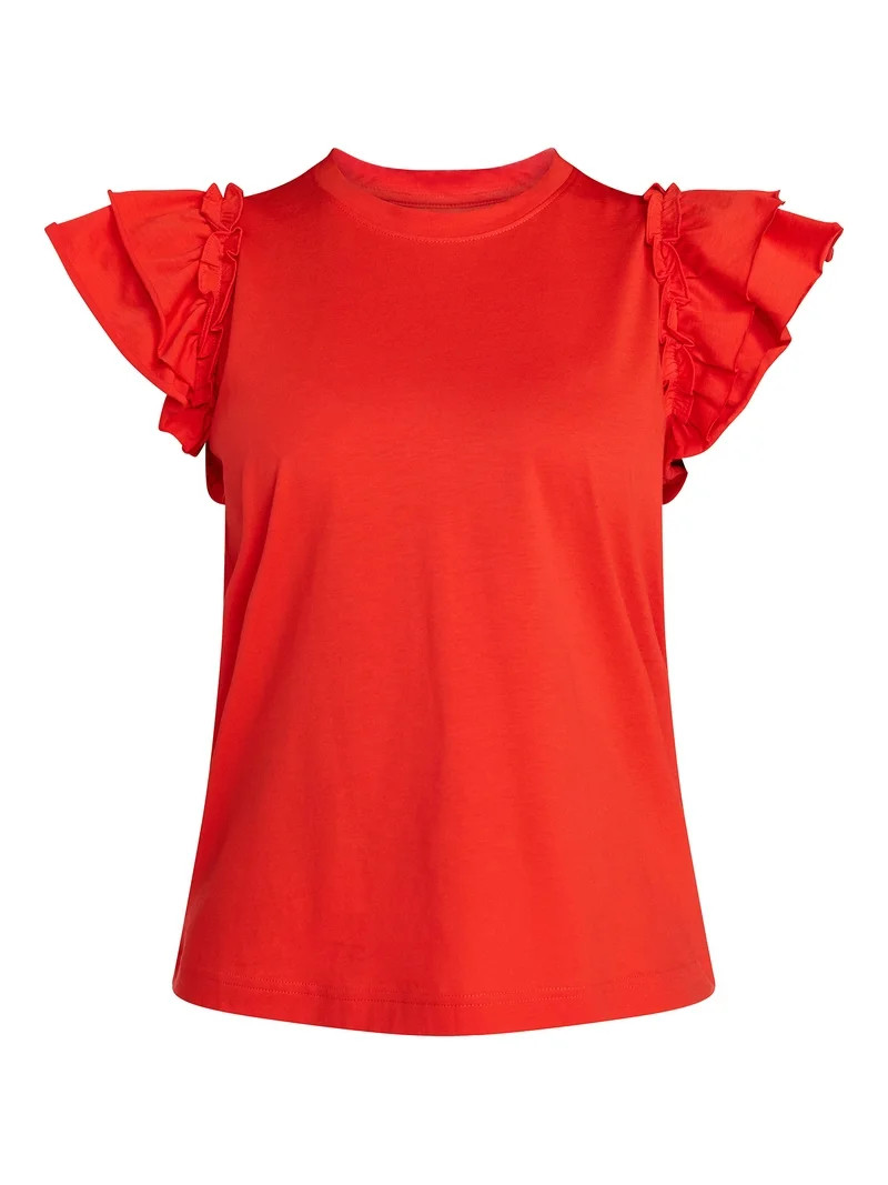 Time and Tru Women's Cotton Crewneck Tee with Ruffle Flutter Sleeves, Sizes XS-XXXL | Walmart (US)