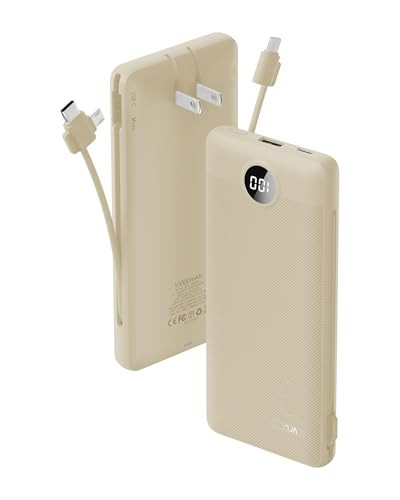 Portable Charger Built-in Cables and AC Wall Plug, USB C Power Bank 10000mAh, Travel Battery Portable Phone Charger Compact Lightweight External Battery Pack for Smart Phones, Tablets etc-Light Coffee | Amazon (US)