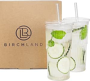 Birchland All Glass Iced Coffee Cup with Lid and Straw, Ribbed Glass Tumbler Set of 2 (18 oz) | Amazon (US)