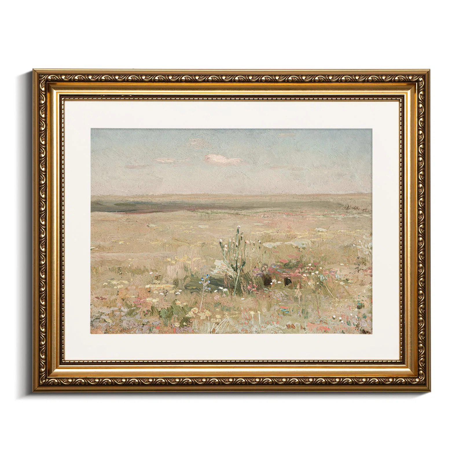 Gold Framed Wall Art Canvas Print - Vintage Meadow Landscape Oil Painting - Farmhouse Wall Decor ... | Wayfair North America