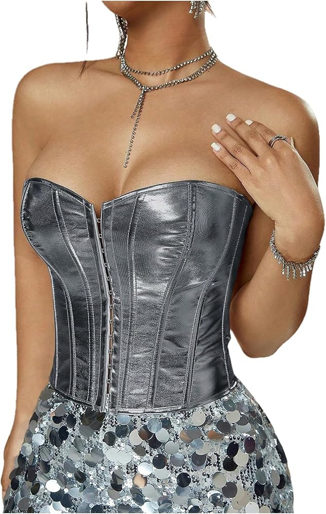 Floerns Women's Y2k Strapless Tube Tops Lace Up Back Corset Metallic Night Out Bandeau | Amazon (US)